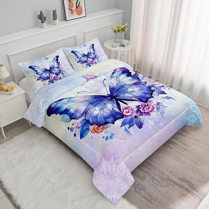 Datura home Kids Comforter Set Butterfly Printed Pattern Bedding Set with 1 Comforter and 2 Pillowcases for Girls Boys Bedroom All Season(Butterfly3 Twin) - LeafyLoom
