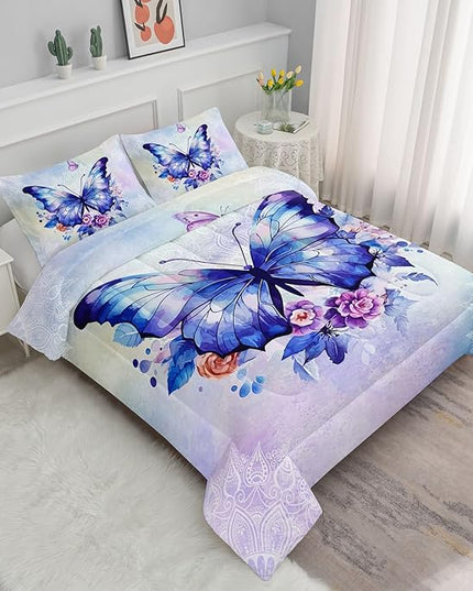 Datura home Kids Comforter Set Butterfly Printed Pattern Bedding Set with 1 Comforter and 2 Pillowcases for Girls Boys Bedroom All Season(Butterfly3 Queen) - LeafyLoom
