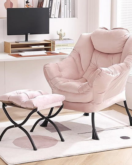 Lazy Chair with Ottoman, Modern Chair with Folding Footrest, Lounge Accent Chair, Comfortable Reading Chair, Oversized Armchairs for Bedroom, Study, Living Room, Courtyard (Pink) - LeafyLoom