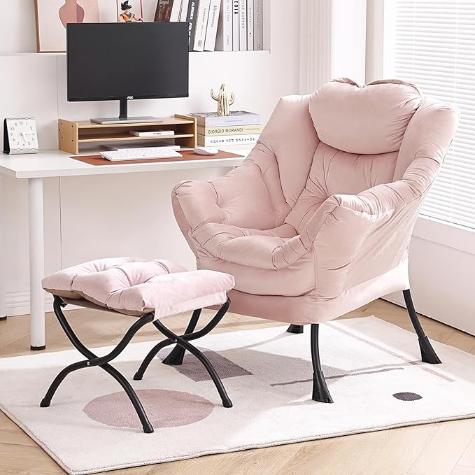 Lazy Chair with Ottoman, Modern Chair with Folding Footrest, Lounge Accent Chair, Comfortable Reading Chair, Oversized Armchairs for Bedroom, Study, Living Room, Courtyard (Pink) - LeafyLoom