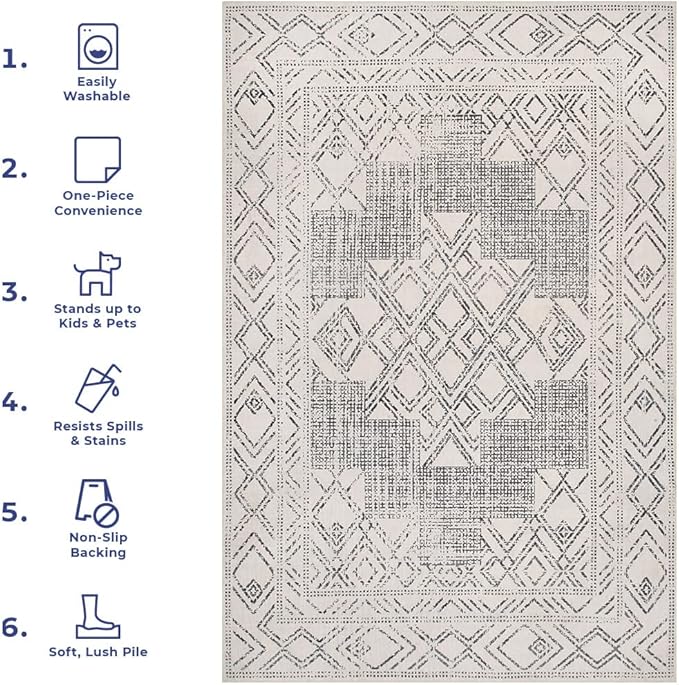nuLOOM Mia Machine Washable Geometric Medallion Ultra Thin Area Rug, 8' x 10', Light Grey - LeafyLoom