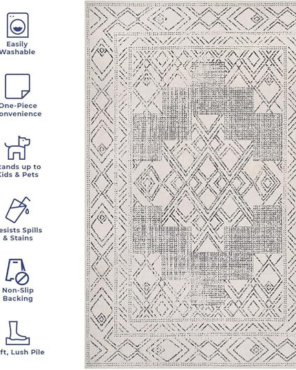 nuLOOM Mia Machine Washable Geometric Medallion Ultra Thin Runner Rug, 2' 6" x 10', Light Grey - LeafyLoom