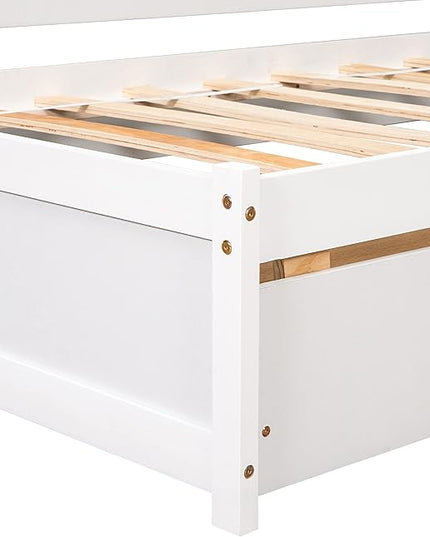 Twin Size Platform 2 Storage Drawers and L-Shaped Bookcases, Wooden Captain Bed Daybed Frame with Headboard for Bedroom, Living Room, White - LeafyLoom