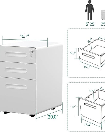 YITAHOME 3-Drawer Metal Mobile File Cabinet, Rolling Filing Cabinet with Lock, Filing Cabinet Under Desk fits Legal/A4 Size for Home/Office, Fully Assembled,White and Grey - LeafyLoom
