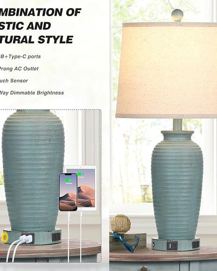 25" Farmhouse Jar Table Lamps Set of 2, 3 Way Touch Control Rustic Bedside Lamps with USB A+C Ports & AC Outlet, Pot Nightstand Lamps for Bedroom Living Room (LED Bulbs Included) - LeafyLoom