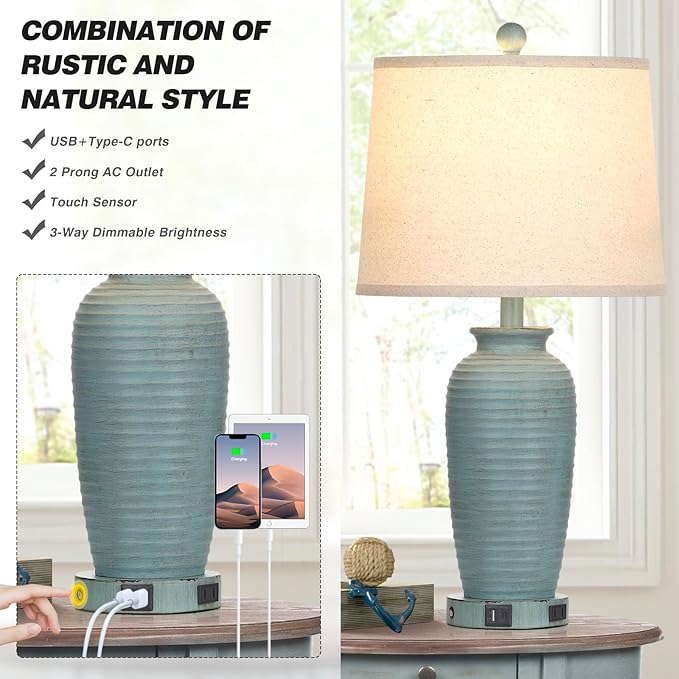 25" Farmhouse Jar Table Lamps Set of 2, 3 Way Touch Control Rustic Bedside Lamps with USB A+C Ports & AC Outlet, Pot Nightstand Lamps for Bedroom Living Room (LED Bulbs Included) - LeafyLoom