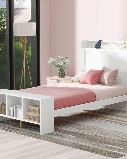Merax Twin Size Platform Bed with Storage,Led Light and USB Ports,Kids Twin Bed Frame with Built-in Shelves and Cabinet,Kids Storage Bed Frames - LeafyLoom