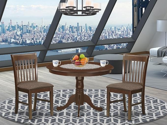 East West Furniture HLNO3-MAH-C 3 Piece Modern Dining Table Set Contains a Round Wooden Table with Pedestal and 2 Linen Fabric Upholstered Dining Chairs, 42x42 Inch, Mahogany - LeafyLoom