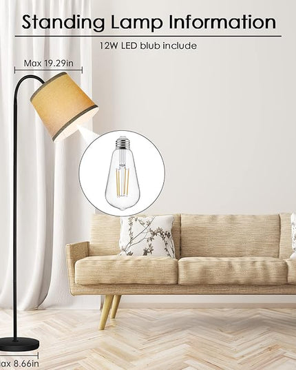 LED Floor Lamp, Standing Lamp for Living Room with Linen Lamp Shade,Adjustable Gooseneck Modern Reading Light,Floor Lamps for Bedroom,Office,Farmhouse,12W LED Bulb Included - LeafyLoom