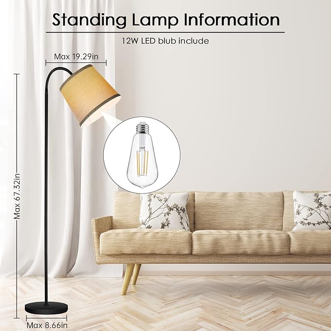 LED Floor Lamp, Standing Lamp for Living Room with Linen Lamp Shade,Adjustable Gooseneck Modern Reading Light,Floor Lamps for Bedroom,Office,Farmhouse,12W LED Bulb Included - LeafyLoom