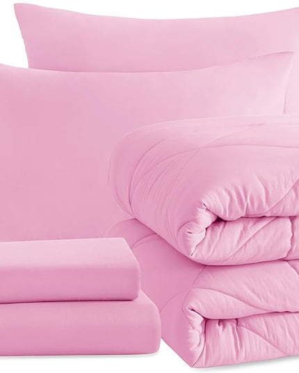 NTBAY Twin Comforter Set with Sheets, 5 Pieces Soft and Breathable Twin Bedding Set, Twin Bed in a Bag, Down Alternative Comforter Set Solid Color All Season, Kids Bedding Set, Pink - LeafyLoom