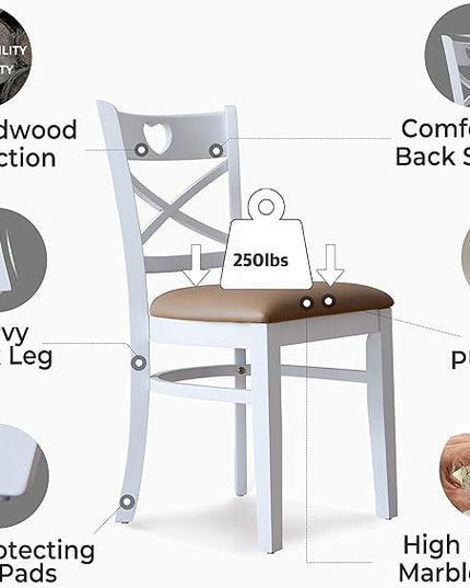 Livinia Heart X-Back Dining Chair Set of 2, Solid Malaysian Oak PU Leather Upholstered Cushion Seat Wooden Cross Back Side Chairs (White) - LeafyLoom