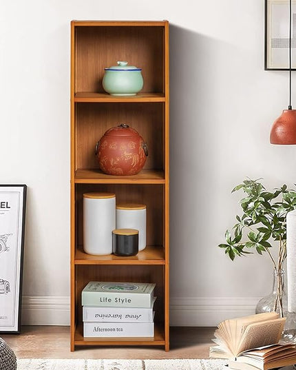MoNiBloom Narrow Bookcase Bamboo 4 Tier Free Standing Tall Bookshelf Display Storage Shelves Collection Décor Furniture for Home Living Room Study Room, Brown - LeafyLoom