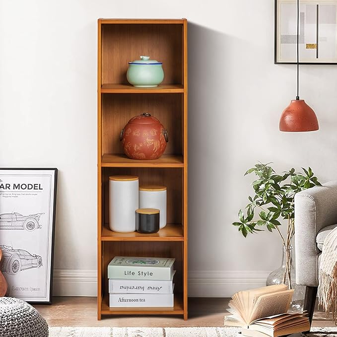 MoNiBloom Narrow Bookcase Bamboo 4 Tier Free Standing Tall Bookshelf Display Storage Shelves Collection Décor Furniture for Home Living Room Study Room, Brown - LeafyLoom