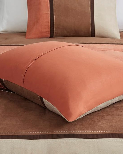 Madison Park Palisades Comforter Set Modern Faux Suede Pieced Stripe Design, All Season Down Alternative Cozy Bedding with Matching Shams, Decorative Pillows, Cal King(104"x92"), Coral 7 Piece - LeafyLoom