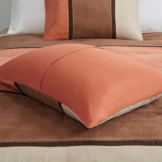 Madison Park Palisades Comforter Set Modern Faux Suede Pieced Stripe Design, All Season Down Alternative Cozy Bedding with Matching Shams, Decorative Pillows, Cal King(104"x92"), Coral 7 Piece - LeafyLoom