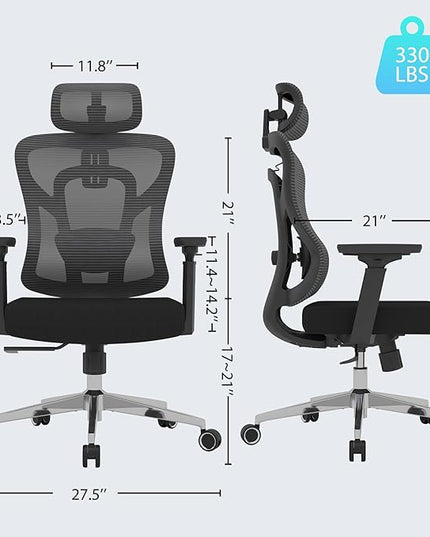 Ergonomic Mesh Office Chair, High Back Desk Chair with 3D Armrests, Adaptive Thoracic Support, 3D lumbar support & Adjustable Headrest, Home Swivel Computer Chair with Tilt Function - LeafyLoom