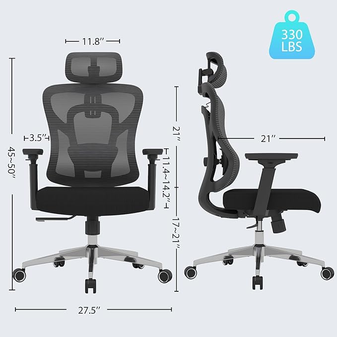 Ergonomic Mesh Office Chair, High Back Desk Chair with 3D Armrests, Adaptive Thoracic Support, 3D lumbar support & Adjustable Headrest, Home Swivel Computer Chair with Tilt Function - LeafyLoom