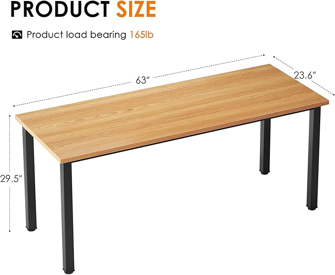 Need 63 Inch Large Computer Desk - Modern Simple Style Home Office Gaming Desk, Basic Writing Table for Study Student, Black Metal Frame, Teak - LeafyLoom