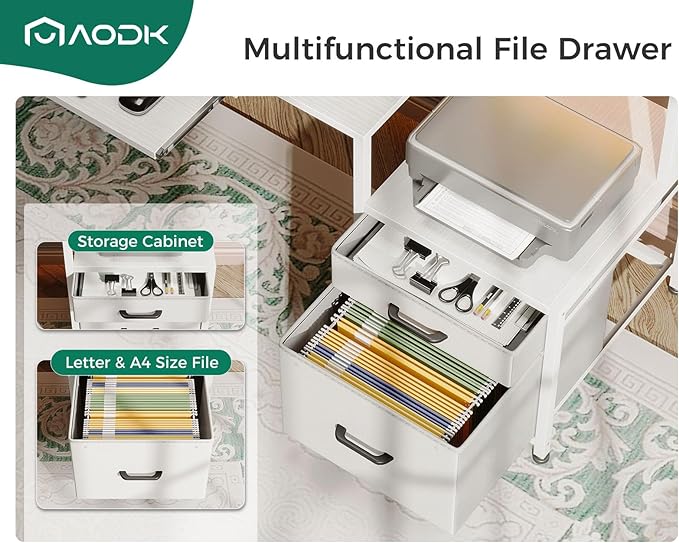 AODK 63 Inch Computer Desk with Power Outlet and LED Light, Reversible Office Desk with File Cabinet and Drawer, Gaming Desk with Keyboard Tray, Study Table with Full Monitor Riser and PC Stand, White - LeafyLoom