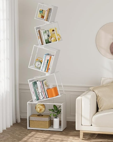 Bookshelf, Unique 5-Tier 67” Tall Bookshelves, Modern Geometric Bookcases Cool Metal Book Shelf, Corner Bookshelf for Bedroom, Living Room, Home Office (White) - LeafyLoom