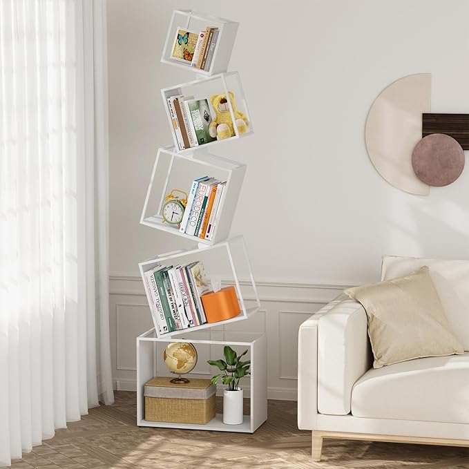 Bookshelf, Unique 5-Tier 67” Tall Bookshelves, Modern Geometric Bookcases Cool Metal Book Shelf, Corner Bookshelf for Bedroom, Living Room, Home Office (White) - LeafyLoom