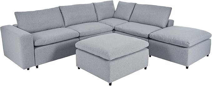 152.8" U-Shaped Down Filled Modular Sectional Sofa with 2 Removable Ottoman, Modern 6-Seat Convertible Upholstered Couch for Living Room, Apartment, Spacious Space, Light Gray, 152.8 Inch - LeafyLoom