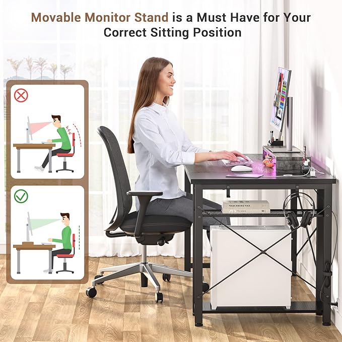 armocity Computer Desk with LED, Gaming Desk with Outlets, 40 Reversible Laptop Table with Monitor Stand, Small Desk for Small Spaces, Grey/Black - LeafyLoom