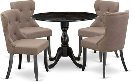 East West Furniture DMSI5-ABK-48 5 Piece Kitchen Table Set for 4 Includes a Round Dining Table with Dropleaf and 4 Coffee Linen Fabric Parson Dining Room Chairs, 42x42 Inch, Wirebrushed Black - LeafyLoom