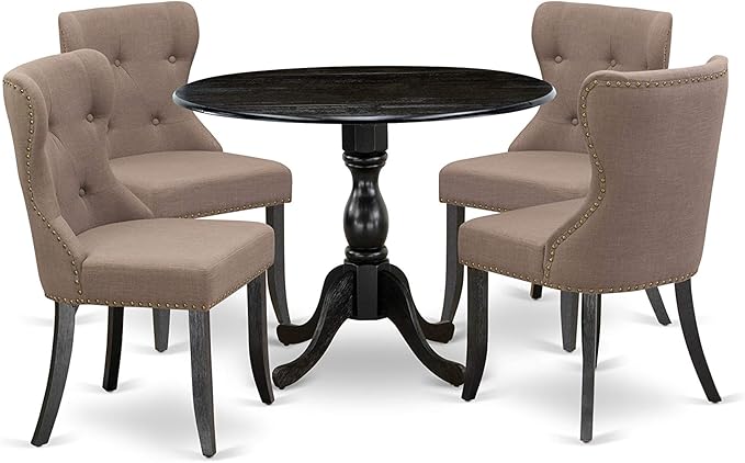 East West Furniture DMSI5-ABK-48 5 Piece Kitchen Table Set for 4 Includes a Round Dining Table with Dropleaf and 4 Coffee Linen Fabric Parson Dining Room Chairs, 42x42 Inch, Wirebrushed Black - LeafyLoom