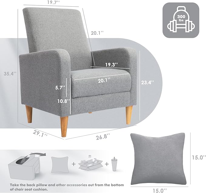 COLAMY Modern Upholstered Accent Chair Armchair with Pillow, Fabric Reading Living Room Side Chair,Single Sofa with Wood Legs, Light Grey - LeafyLoom