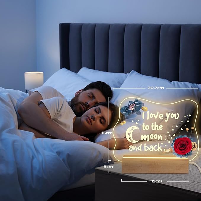 Yamonic Valentines Day Gifts for Her, Handmade Acrylic Plaque with Eternal Real Rose, Night Light with Preserved Rose Romantic Gifts for Girlfriend Wife Women (to The Moon and Back) - LeafyLoom