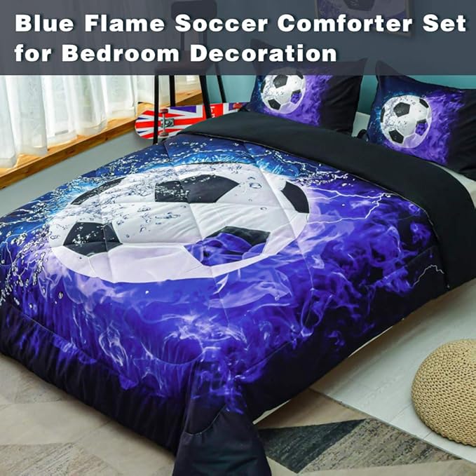 Andency 3D Soccer Comforter Queen(90x90 Inch), 3 Pieces(1 Soccer Comforter, 2 Pillowcases) Blue Flame Soccer Comforter Sport Microfiber Bedding Set for Boy Girl Kids Teens - LeafyLoom