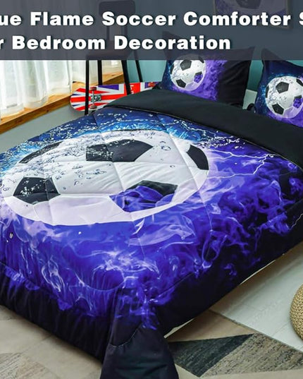 Andency Soccer Comforter Twin(66x90 Inch), 2 Pieces(1 Soccer Comforter, 1 Pillowcase) Blue Flame Soccer Comforter Set Sport Microfiber Bedding Set for Boy Girl Kids, Teen - LeafyLoom