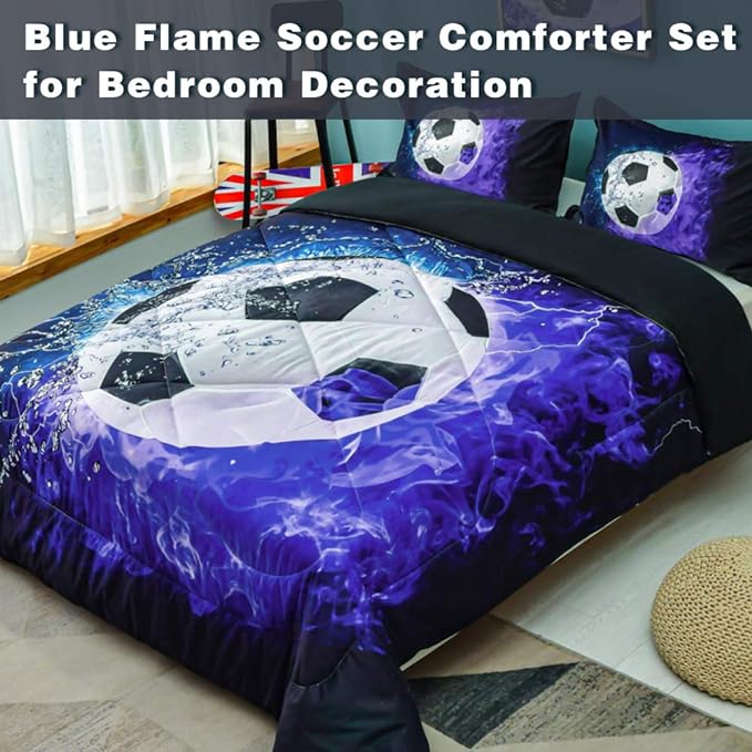 Andency Soccer Comforter Twin(66x90 Inch), 2 Pieces(1 Soccer Comforter, 1 Pillowcase) Blue Flame Soccer Comforter Set Sport Microfiber Bedding Set for Boy Girl Kids, Teen - LeafyLoom
