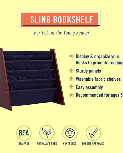 Wildkin Kids Canvas Sling Bookshelf for Boys and Girls, Wooden Design Features Four Fabric Shelves, Keep Bedrooms, Playrooms, and Classrooms Organized, Measures 25 x 24 x 11 Inches (Cherry w/ Blue) - LeafyLoom