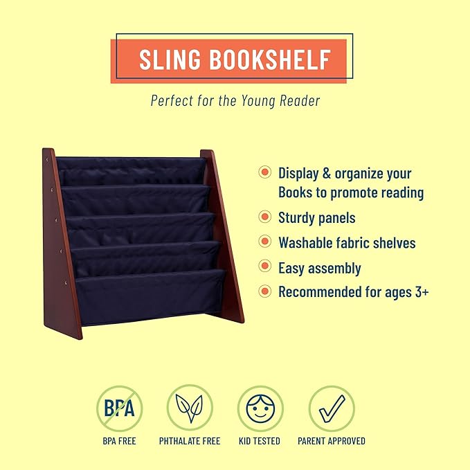 Wildkin Kids Canvas Sling Bookshelf for Boys and Girls, Wooden Design Features Four Fabric Shelves, Keep Bedrooms, Playrooms, and Classrooms Organized, Measures 25 x 24 x 11 Inches (Cherry w/ Blue) - LeafyLoom