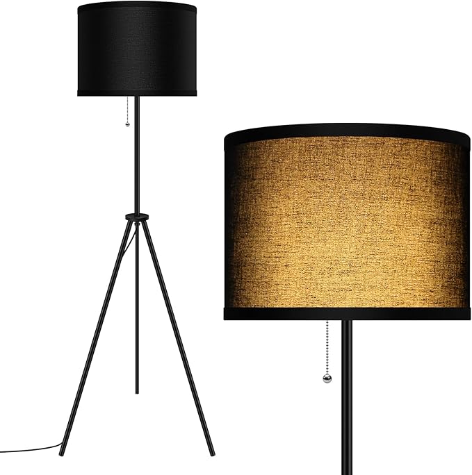 BoostArea Floor Lamp for Living Room,59.5" Tripod Floor Lamp, Black Linen Lamp Shade, Mid Century Standing Lamp for Living Room, Bedroom, Study Room and Office（Bulbs Not Included） - LeafyLoom