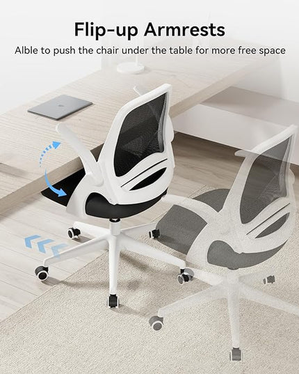 Hbada Office Chair with Flip-Up Armrests, Desk Chair with Saddle Cushion, Ergonomic Office Chair with S-Shaped Backrest, Comfy Mesh Chair for Home and Office, White - LeafyLoom