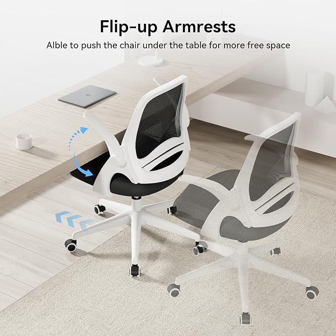 Hbada Office Chair with Flip-Up Armrests, Desk Chair with Saddle Cushion, Ergonomic Office Chair with S-Shaped Backrest, Comfy Mesh Chair for Home and Office, White - LeafyLoom