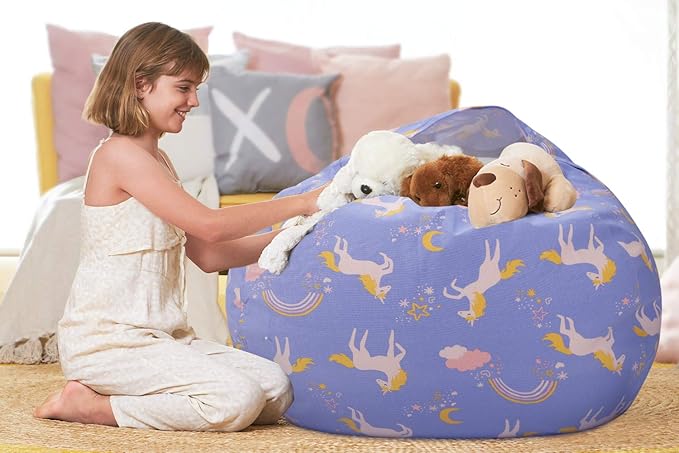 Aubliss Stuffed Animal Bean Bag Storage Chair (Light Blue Unicorn, X-Large (48'')) - LeafyLoom