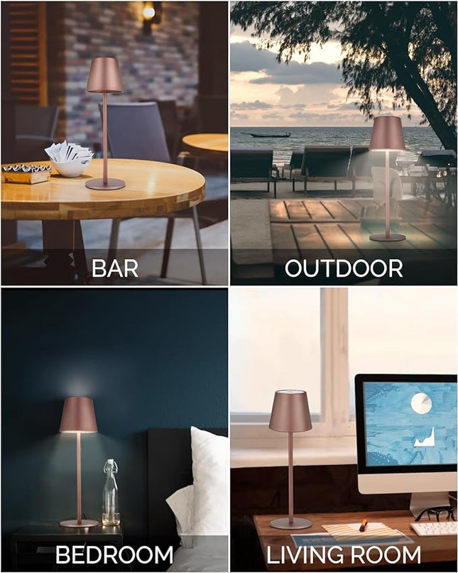 Maksone 2 pack LED Cordless Table Lamp, 6600mWh Rechargeable Battery Desk Lamp, 3000K Stepless Dimming Night Light, IP54 Waterproof Metal Outdoor Portable Lamp for Camping, Restaurant(Brown) - LeafyLoom