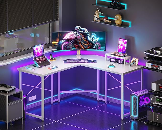 Casaottima L Shaped Gaming Desk with Monitor Stand, Corner Desk Gaming Table for Home Office, Computer Desk Sturdy Writing Workstation for Small Space, 51 inch, Carbon Fiber Surface, White - LeafyLoom