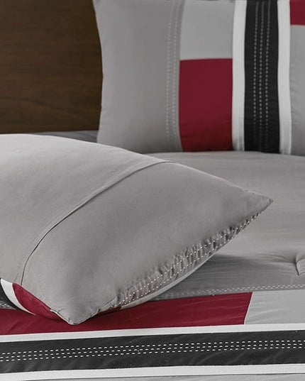 Mi Zone Cozy Comforter Set Geometric Stripes Vibrant Color Design All Season Bedding Matching Shams, Decorative Pillow, Twin/Twin XL, Red/Grey, 3 Piece - LeafyLoom