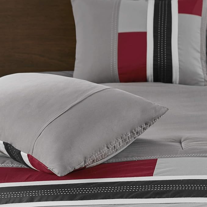 Mi Zone Cozy Comforter Set Geometric Stripes Vibrant Color Design All Season Bedding Matching Shams, Decorative Pillow, Twin/Twin XL, Red/Grey, 3 Piece - LeafyLoom