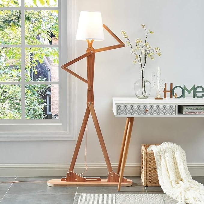Cool Tall Floor Lamp for Living Room Bedroom Farmhouse - Corner Decorative Reading Standing Light Wood Creative Swing Arm Arc Design Gift for Kids/Boys/Girls Bedside - with LED Bulb (Ash) - LeafyLoom