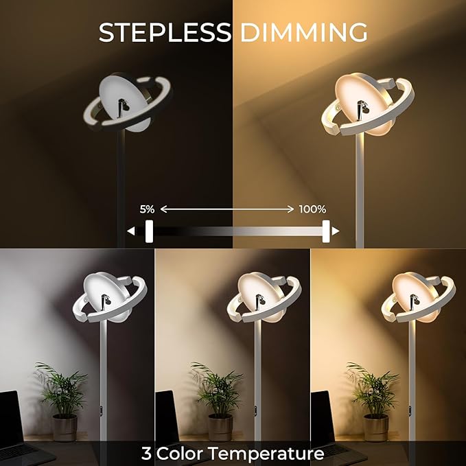 FIMEI Floor Lamp for Living Room, Saturn Ring Original Design, LED Bright Rotatable Modern Floor Lamp, Stepless Dimming and 3 Color Temperatures, Touch/Remote Control, for Bedroom Office, White - LeafyLoom