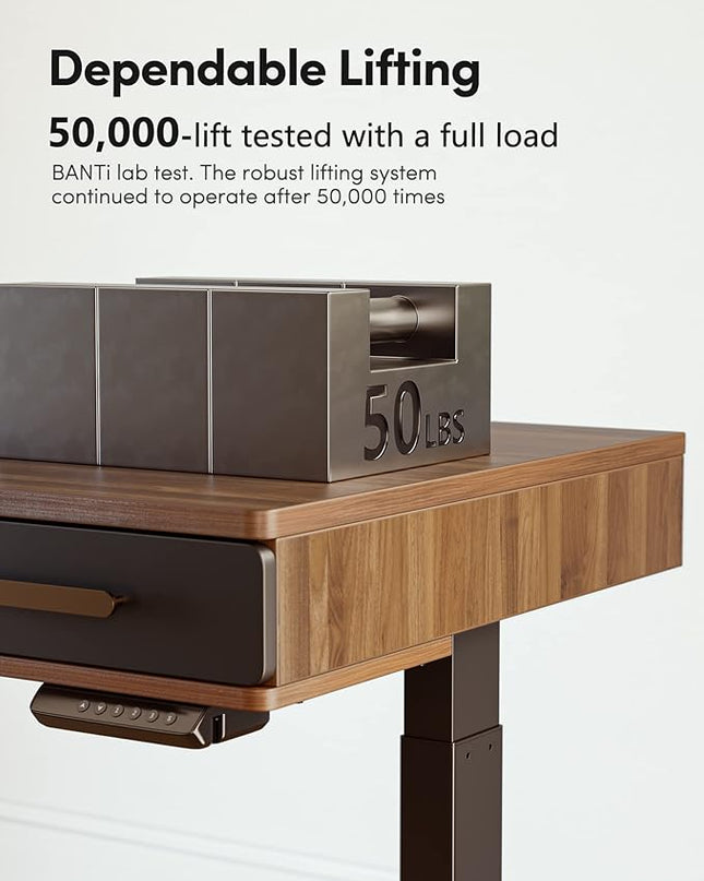 BANTI 48" x 26" Electric Standing Desk, Mid-Century Modern Desk with 3 Drawers, Stand Up Home Office Desks, Vintage Top - LeafyLoom