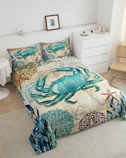 Sea Beach Theme Comforter Set Kids Beach Crabs Print Queen Bedding 3D Sea Animal Crab Luxury Microfiber Quilted Duvet Set with 2 Pillowcases,Soft Lightweight Marine Life Decorative Bedding Soft Fluffy - LeafyLoom