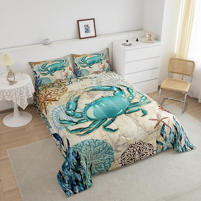 Sea Beach Theme Comforter Set Kids Beach Crabs Print Twin Bedding 3D Sea Animal Crab Luxury Microfiber Quilted Duvet Set with 1 Pillowcase,Soft Lightweight Marine Life Decorative Bedding Soft Fluffy - LeafyLoom